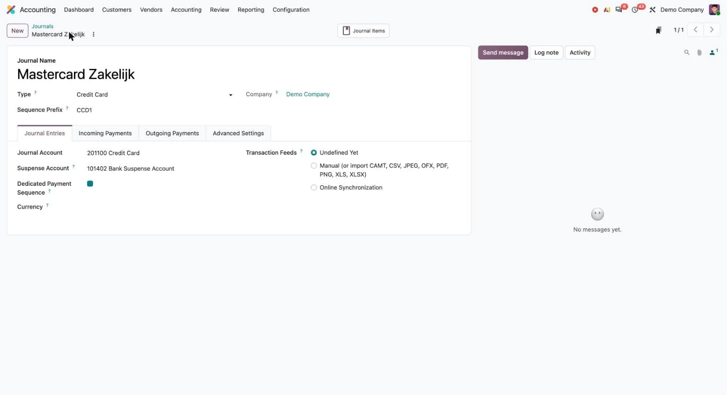 Odoo 20: formulier van het dagboek Mastercard Zakelijk van het type Credit Card