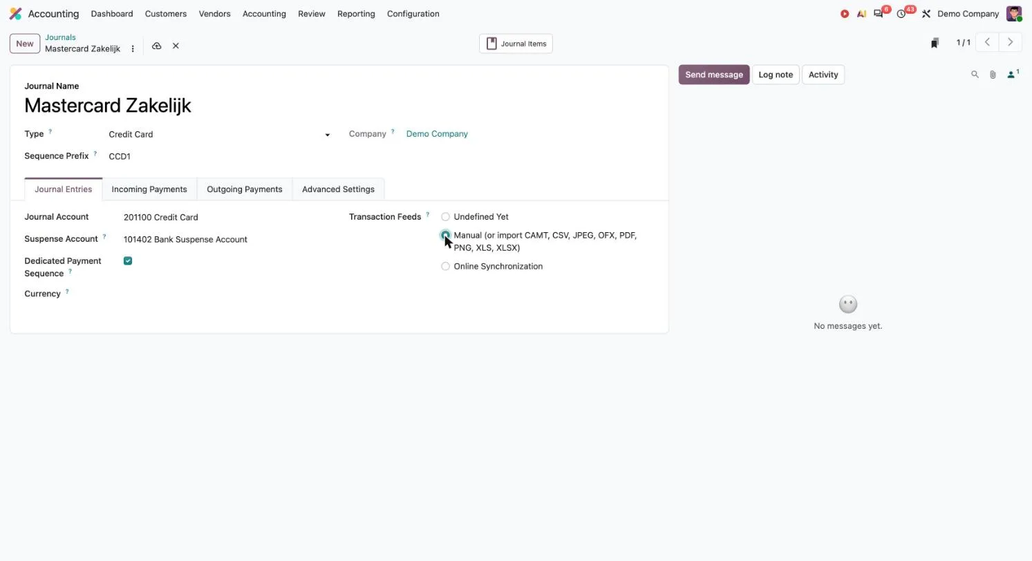 Odoo 20: Transaction Feeds ingesteld op Manual met de lijst van ondersteunde importformaten