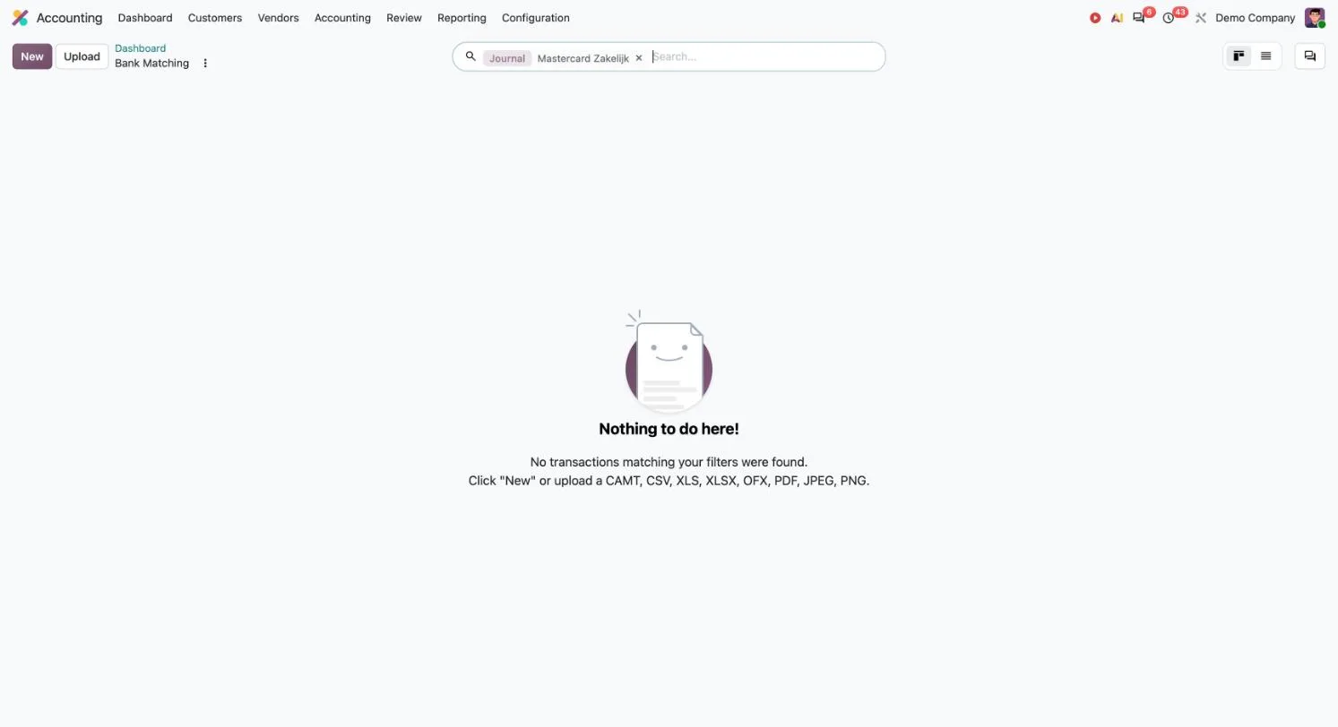 Odoo 20: Bank Matching van het dagboek met de Upload-knop