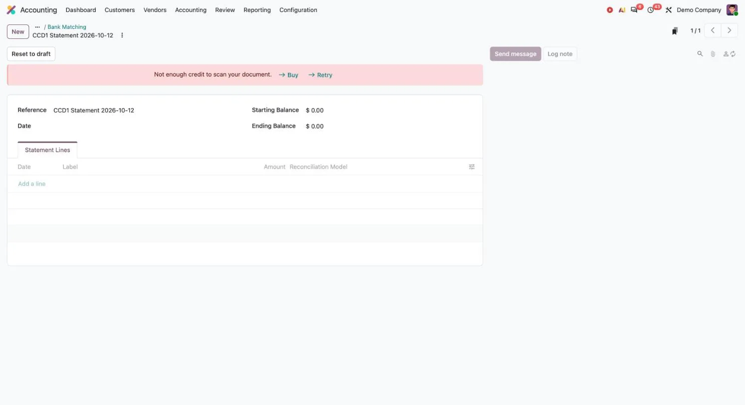 Odoo 20: lege statement met de melding Not enough credit to scan your document