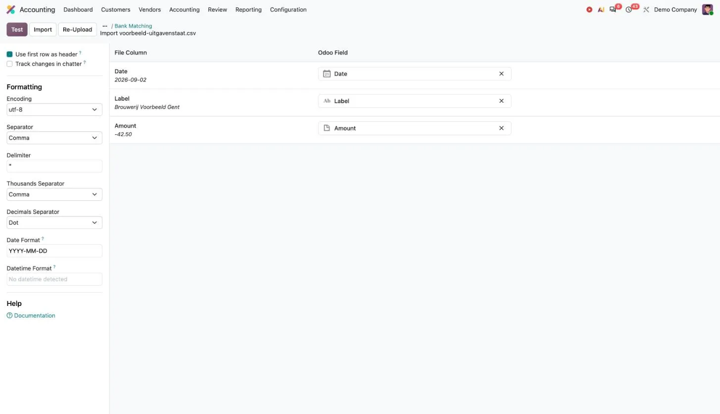 Odoo 20: importscherm met de kolommen Date, Label en Amount gekoppeld
