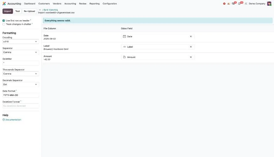 Odoo 20: de melding Everything seems valid na de testimport