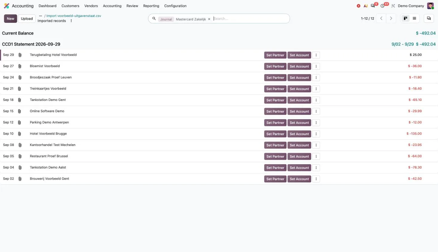 Odoo 20: twaalf ingelezen creditcardverrichtingen met knoppen Set Partner en Set Account