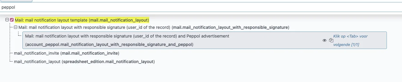 Zoekresultaat voor peppol in de lijst met e-maillayouts in Odoo