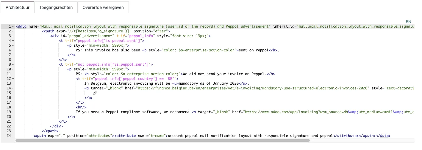 Odoo-weergave-editor met de XML van de e-maillayout en het blok peppol_advertisement