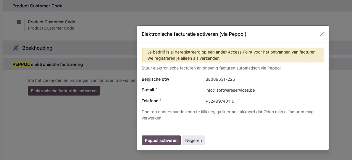 Odoo-venster Elektronische facturatie activeren via Peppol met de melding dat het bedrijf alleen als verzender wordt geregistreerd